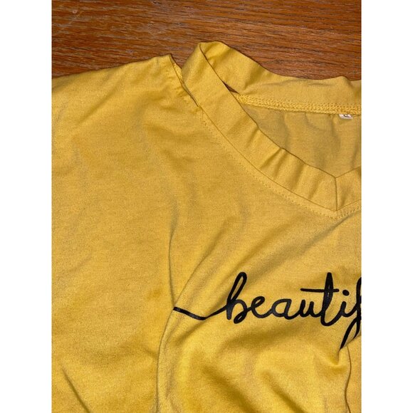 Yellow Crop Top With "Beautiful" Print & Knotted Front - Picture 2 of 5